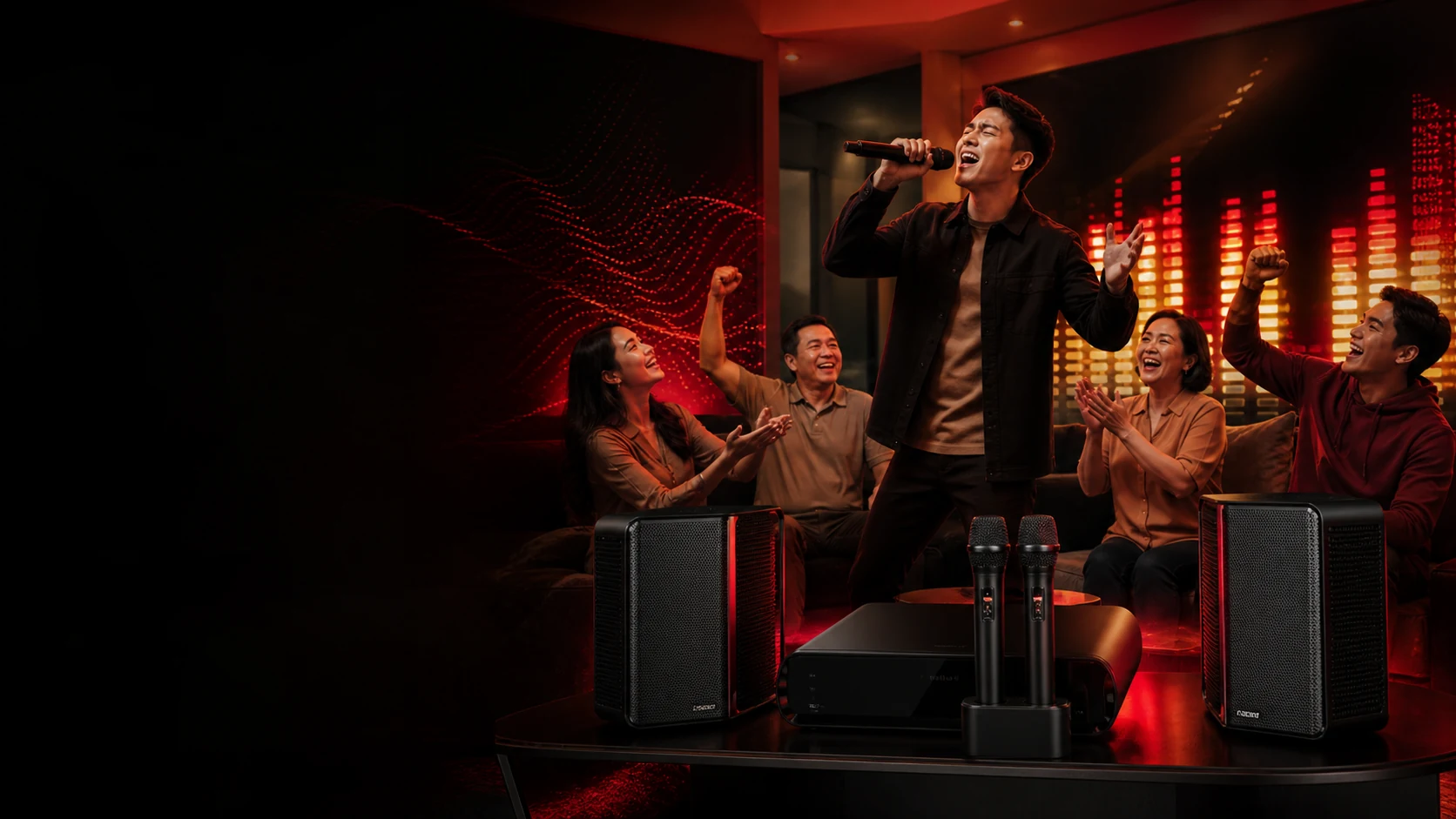 Keluarga dan teman bernyanyi bersama menggunakan sistem karaoke modern