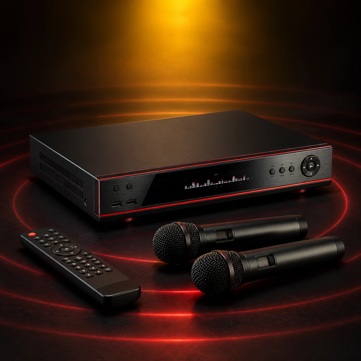 Ilustrasi player karaoke MP 7000 dengan dua mikrofon dan remote