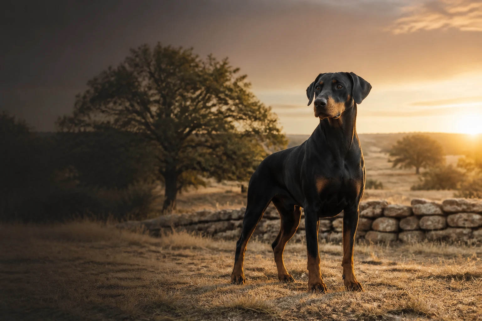 Ilustrasi Doberman hitam dan cokelat berdiri di lanskap Texas saat matahari terbit