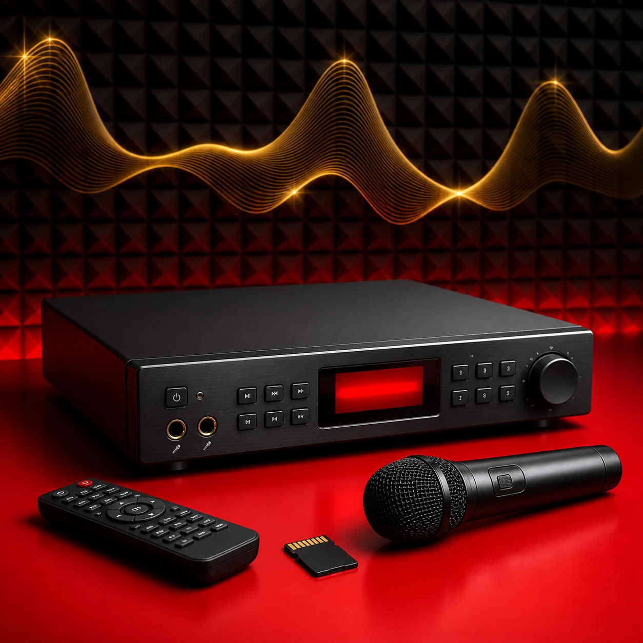 Ilustrasi player karaoke V6500 dengan mikrofon, remote, dan kartu memori